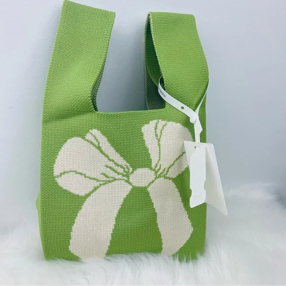 NWT Green/White Bowknot Compact Stylish Essentials Handheld Bag - Picture 8 of 9